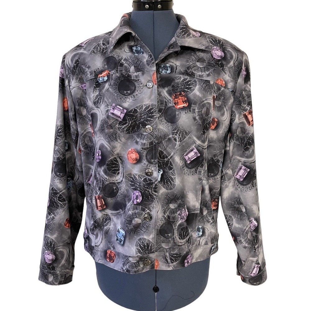 ST JOHN Jacket Gray Gemstone Jewel Print Sequin Streetwear Retro Avant Garde M